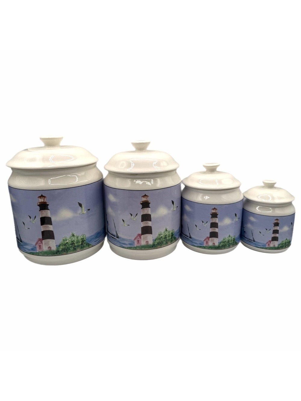 Set of 4 Thomson Pottery Lighthouse Large Medium Small & XS Kitchen Canisters